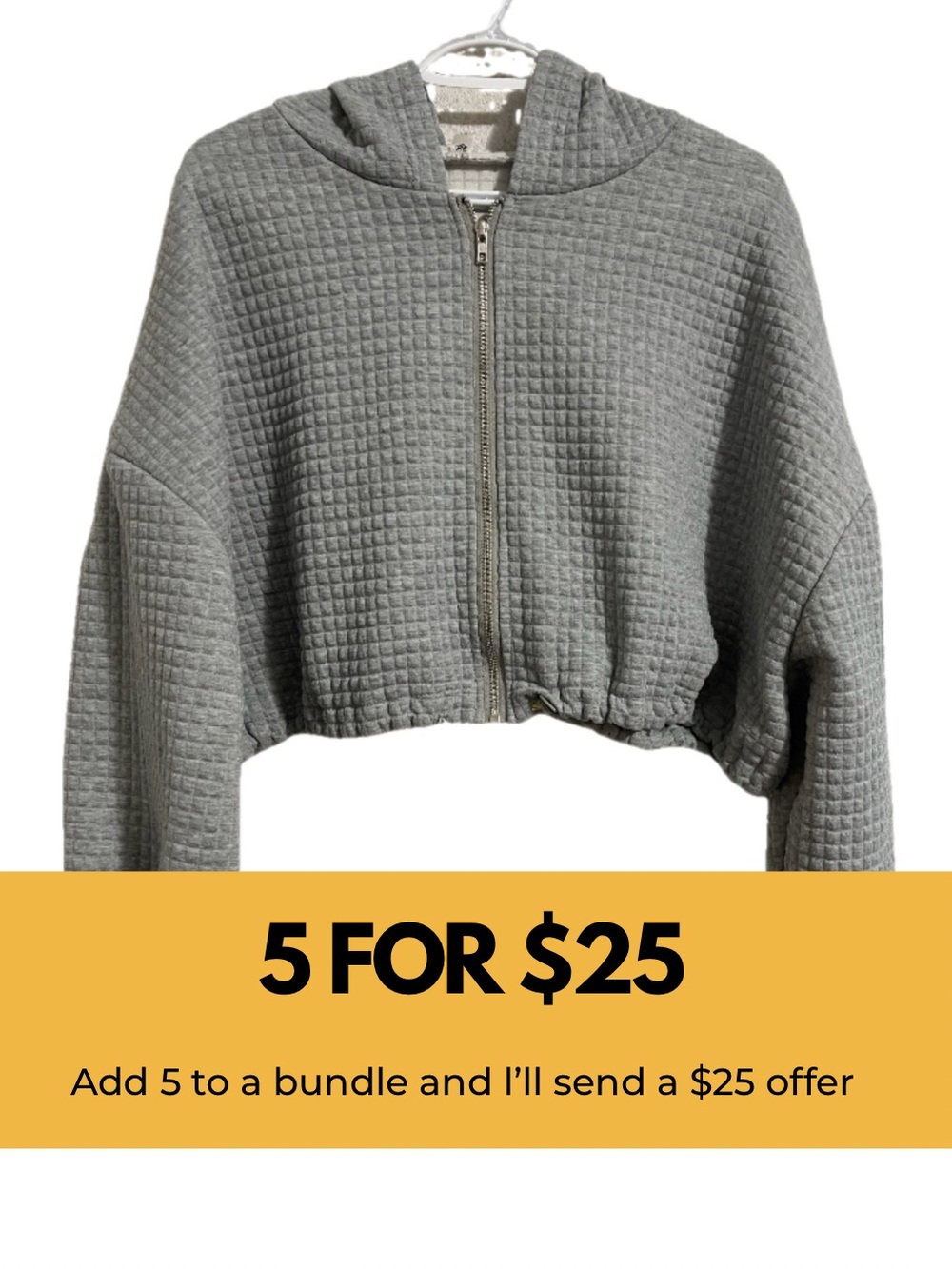 Gray Cropped Quilted Zip-Up Hoodie Sweater